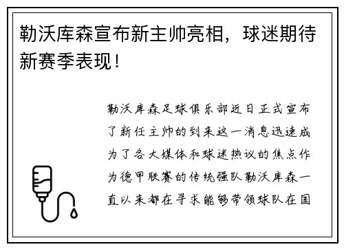 勒沃库森宣布新主帅亮相，球迷期待新赛季表现！
